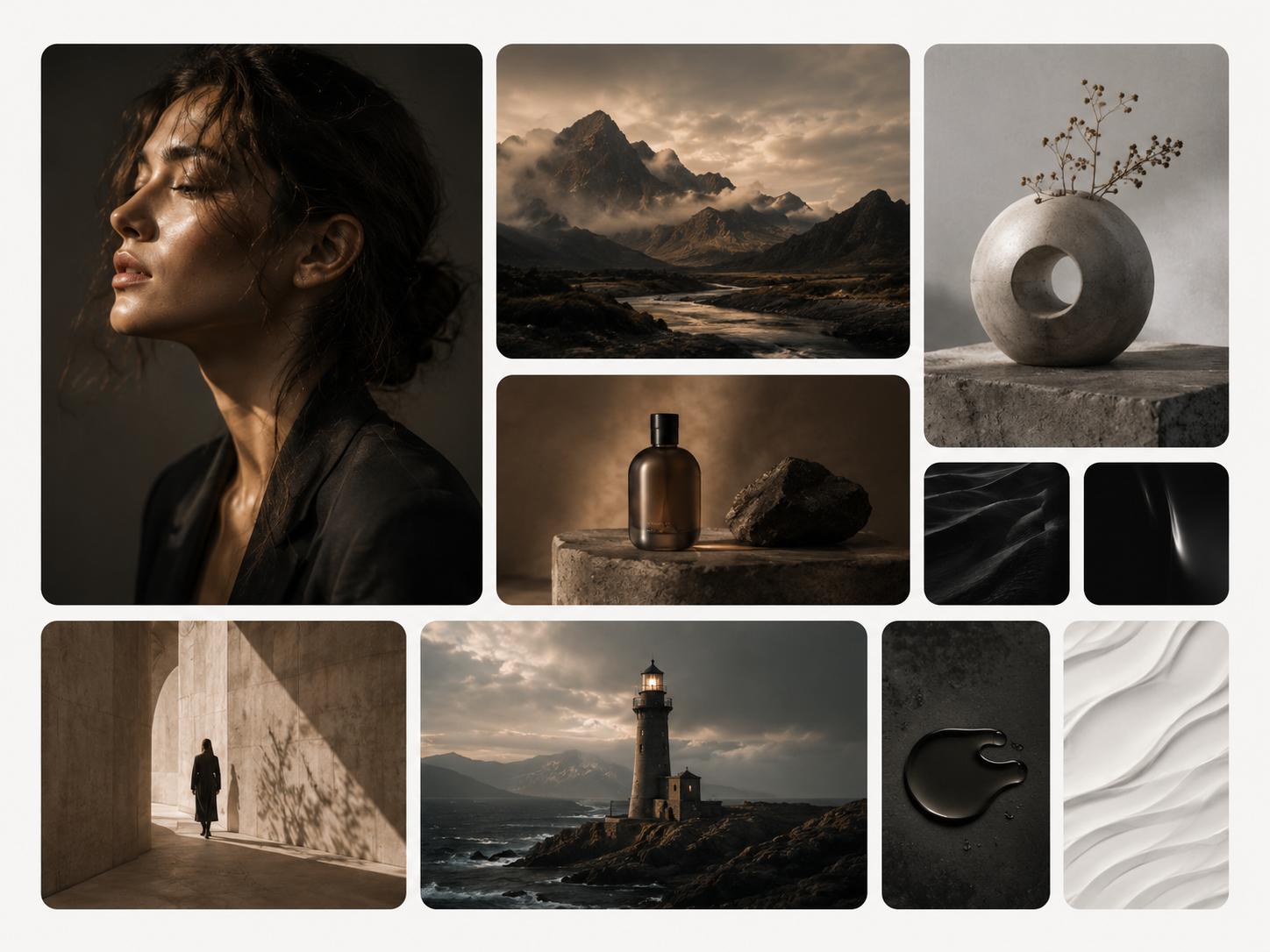 Cinematic moodboard — portrait, landscape, product, and texture references